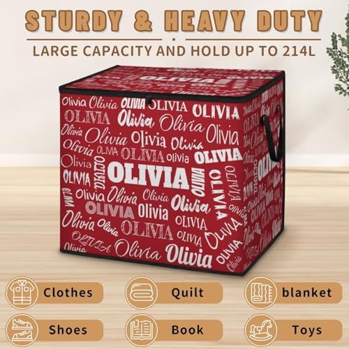 Personalized Extra Large Storage Bins with Lid, Customized Name Solid Red Background Jumbo Storage Basket Rectangle Clothes Organizer for Organizing Kids and Pets Toys Shelf Closet