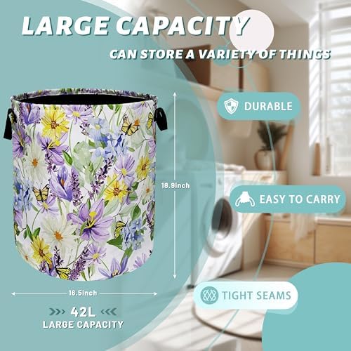 Purple Flower Butterfly Laundry Basket Oxford Cloth Hamper 18.9"x16.5"