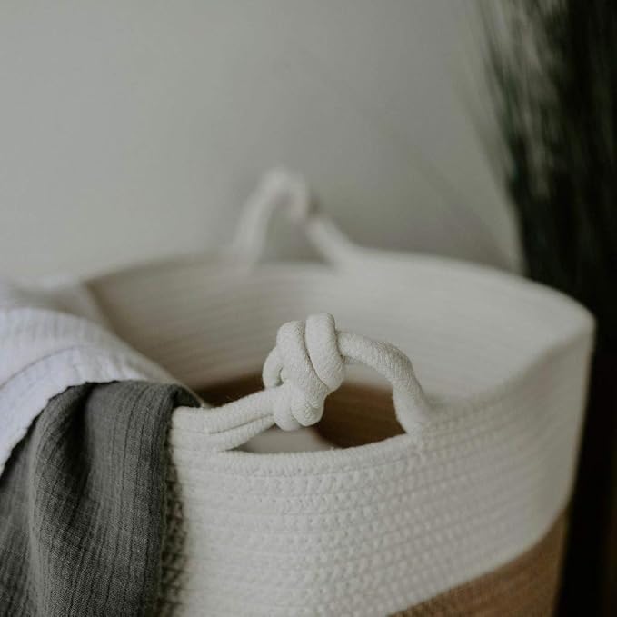 Parker Baby Co. Rope Storage Basket, Large Nursery Storage Bin - White/Tan | Soft woven basket that adds stylish, sturdy storage for blankets, books, clothes, and playroom clutter