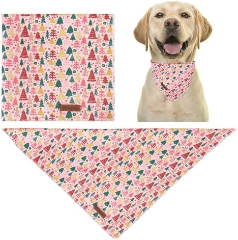 Christmas Dog Bandana–Pink Christmas Tree Triangle Scarf for Small Medium Large Dogs, Soft Cotton Pet Bib for Winter & New Year, Adjustable Dog Kerchief