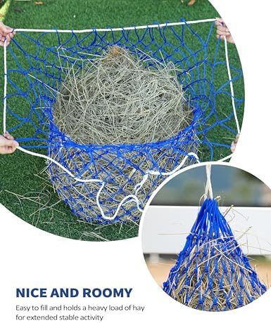 Harrison Howard Slow Feed Hay Net for Horses, 40 Inch Hay Bag Holds 1–2 Flakes, 2 Inch Mesh Durable Hanging Feeder for Stable, Pasture & Livestock-Blue