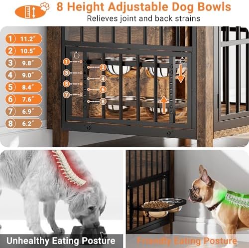 YaFiti 31.5" Wooden Dog Crate Furniture for Medium/Small Dogs, Rustic Brown | Adjustable Feeder, 2 Bowls, Chew-Resistant, Heavy Duty, Dog Kennel Indoor, Decorative Side End Table, Pet Cage House