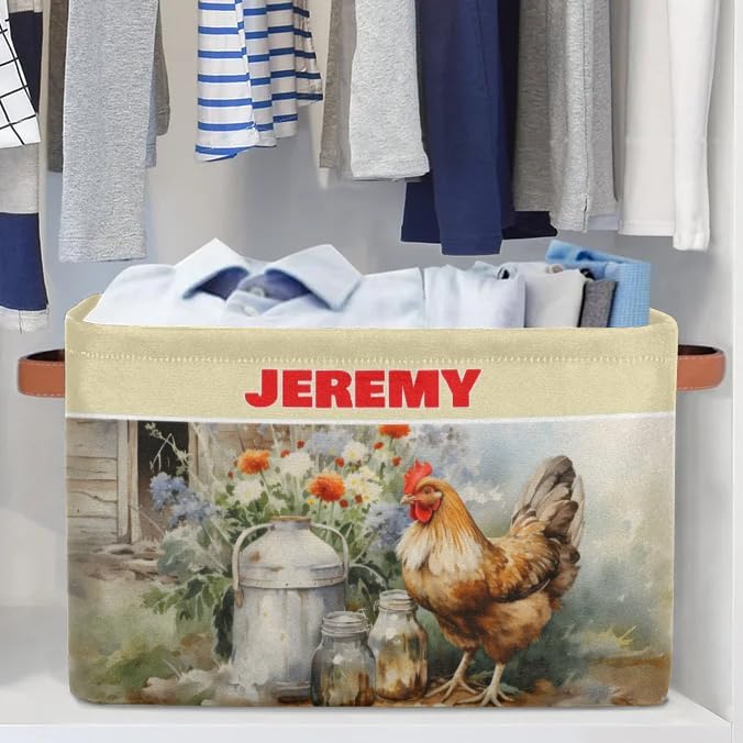 Custom Storage Baskets for Kids with Name, Large Foldable Organizer Collapsible Storage Bin with Leather Handle for Home Toys Closet Nursery, Farmhouse Hen Countryside
