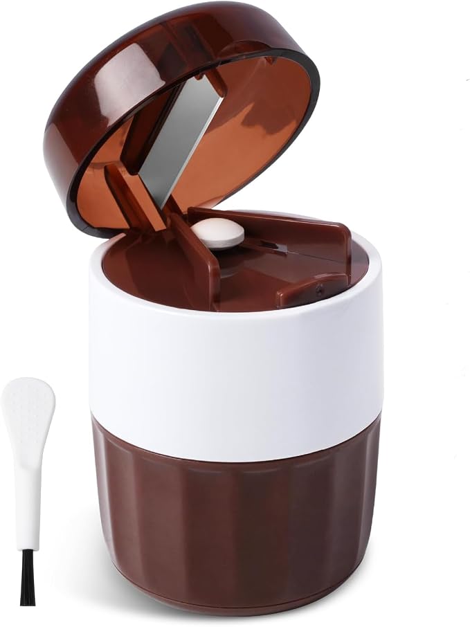 3-in-1 Pill Crusher and Cutter with Storage, BPA-Free Pill Grinder for Fine Powder, Stainless Steel Blade & Grinding Head, Portable Pill Splitter for Elderly, Pets, Travel (Brown)