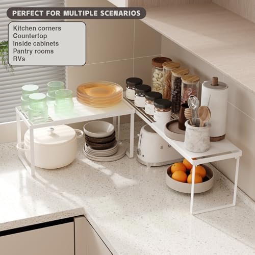 Magheo Expandable Kitchen Countertop Organizer, 1 Pack Stackable Cabinet Shelf Risers, Metal Spice Rack Heavy Duty Counter Organizer Storage for Kitchen, Pantry, Cupboard, Rv (8.7in Height,White)