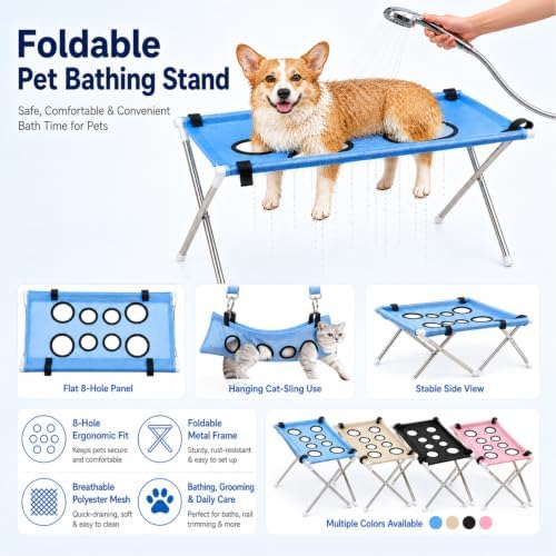 Pet Grooming Hammock, 8-Hole Polyester Mesh for Small Dog Cat Bath，Pink | Heavy-Duty Pet Bath Stool for Small & Medium Dogs, Home Salon Grooming, Washable Mesh, Joint Support & Restraint