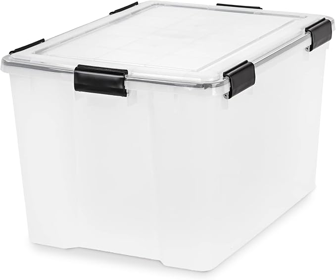 IRIS USA WeatherPro Storage Bins with Lids, 74 Qt, Gasket Seal, 2 Pack | BPA-free gasket seal keeps clothing, documents, pet food, tools, and camping gear protected from dust and moisture.
