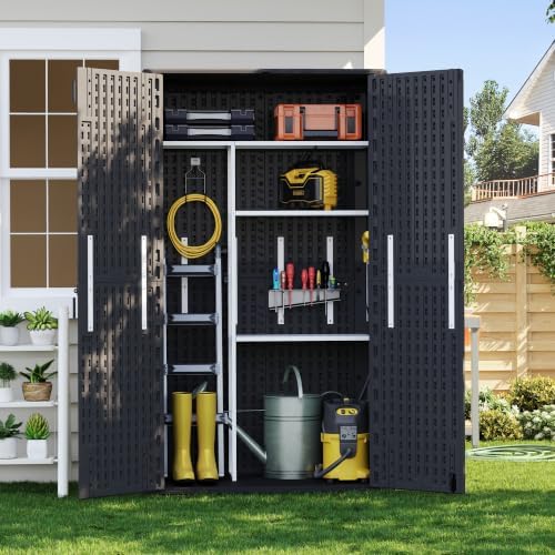 Tall Vertical Outdoor Storage Cabinet with 3-Tier Shelves, 6.8x4 Ft Waterproof Thickened Black Resin Storage Shed for Patio, Garden and Garage