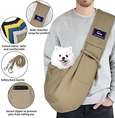 CUBY Dog and Cat Sling Carrier - Hands Free Reversible Pet Papoose Bag - Soft Pouch and Tote Design - Suitable for Puppy, Small Dogs Cats Outdoor Travel(Khaki, Unadjustable Strap)