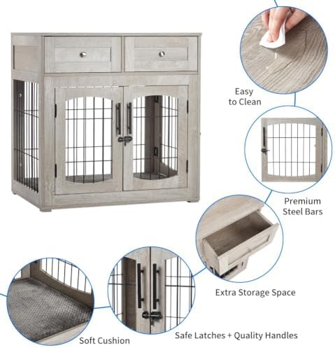 Dog Crate Furniture with Double Storage Drawers, Wooden Dog Kennel End Table Furniture Style Crate for Small, Medium & Large Dogs, Decorative Pet House with Storage, 32 Inch Gray Modern Dog Cage