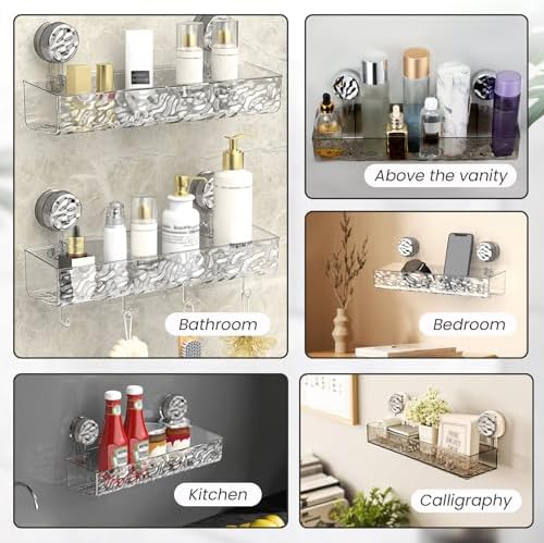 Huakaile 15''/38.2 CM Corrugated Suction Cup Storage Holder Shelf, Wall-Mounted Suction Shower Caddy with Drainage Holes & 4 Hooks No Drill Movable Rack Organizer for Bathroom Kitchen (Gray)