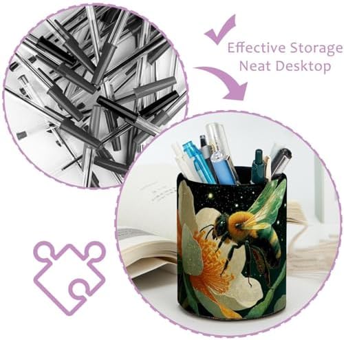 Faux Leather Pen Holder for Desk, Pencil Organizer Bee Pen Cup Desk Decor Makeup Brush Holder Storage for Office Home