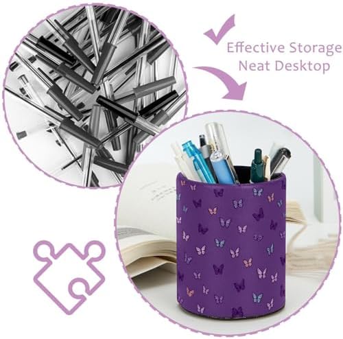 Faux Leather Pen Holder for Desk, Pencil Organizer Butterfly Pen Cup Desk Decor Makeup Brush Holder Storage for Office Home