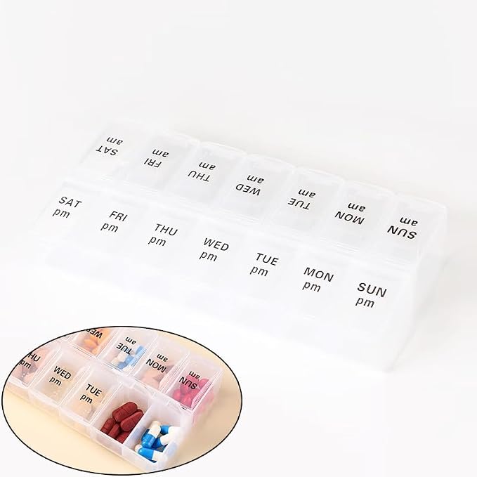 Large Pill Organizer, Weekly Portable Pill Dispenser Reminder Box | Travel Daily Pill Case Holder, Medication Planner for Vitamin, Medicine, Fish Oil, Supplements, 14 Compartment, Transparent