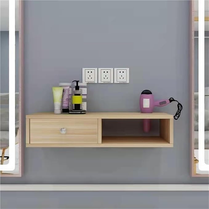 Wall Mounted Salon Station with Drawer, Beauty Salon Spa Equipment, Barber Shop Hair Styling Cabinet, 1 Hair Dryer Holders(Natural,19.6x10.2x5.9in)