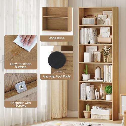 GIANTEX 6-Tier Bookcase, 70" Tall Wooden Bookshelf, Freestanding Storage Organizer w/Open Shelves, Anti-Tipping Kits, Modern Floor Standing Display Shelves for Living Room, Bedroom,Natural