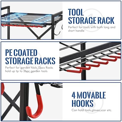 Mythinglogic Rolling Garden Tool Organizer for Garage and Yard Tools | Metal rolling rack with multiple tool slots, movable hooks and locking casters for rakes, shovels, brooms and yard tools