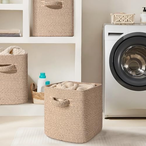 13 Inch Storage Cubes, 3 Pack Cube Storage Bins for Organizing, Cotton Rope Woven Baskets for Shelves, Bathroom, Kids Room, Closets, Baby Nursery