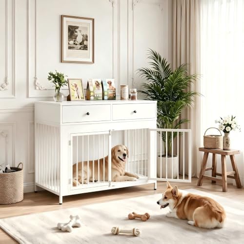 Large Dog Kennel Furniture with 2 Drawers, Wooden Dog Crate, White | 44 inch dog crate furniture with storage, decorate end table, dog cage for small medium large dogs