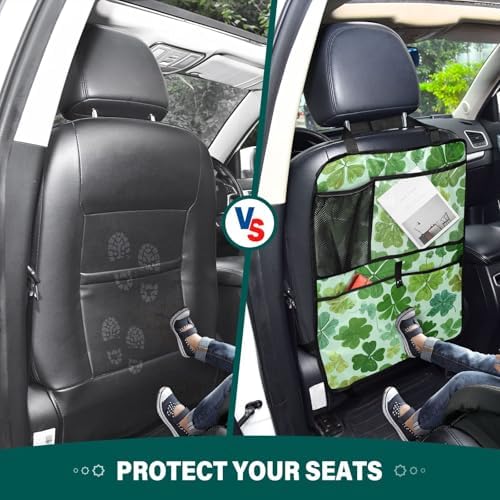 2 Pack Back Seat Car Organizer with Storage Pockets Kick Mats Back Seat Protector Hanging Car Organizer Automotive Seat Back Cover Organizers Green Nature St Patrick Clovers