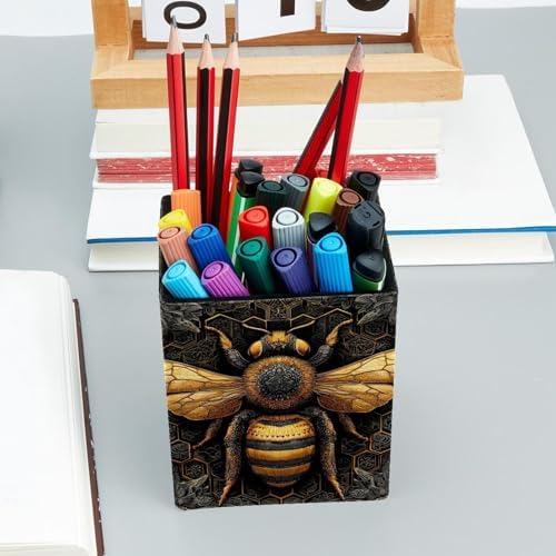 Artistic Bee Pen Holder for Desk Decor, Rectangular PVC Leather Pencil Cup for Desk Pen Organizer, Makeup Brush Holder for School, Home, Office