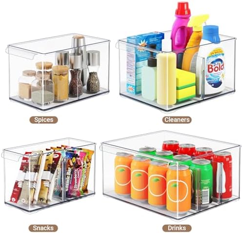 6 Pack Pantry Storage Bins with Divider, Fridge Organizer Large
