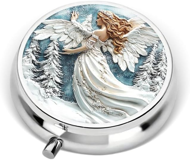 Portable Round 3 Compartment Metal Pill Box Beautiful Winter Angel with Pine Trees for Travel Medication Organization Hiking or Gift Giving