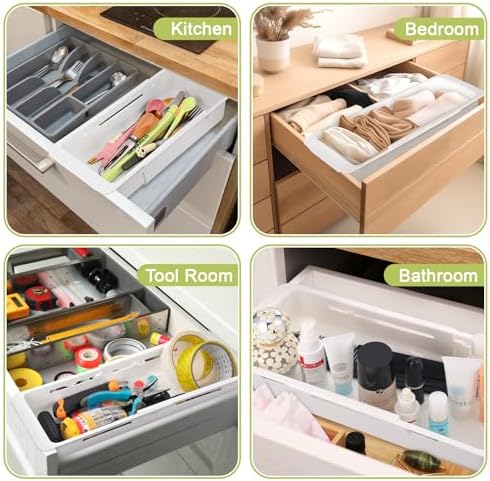 Booson 4 PCS Deep Drawer Organizer Bin Adjustable Sliding Drawer Organizers