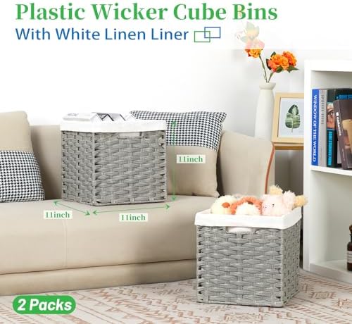 Bidtakay Wicker Cube Baskets with Liners Cube Storage Organizer for Shelves Closet 11 inch 2 Pack Decorative Hand-Woven Imitation Wicker Storage Bins for Organizing Pantry Bedroom Light Grey