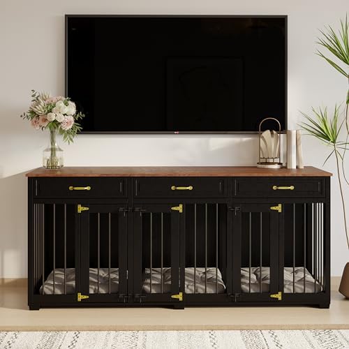 Dog Crate Furniture - Indoor Wooden Dog Kennel Furniture with 2 Dividers, 3 Drawers, and 3 Lockable Doors - 72"x23.6"x31.5"H, Black