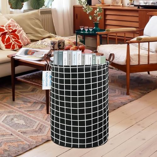 Round Laundry Basket Collapsible Storage Hamper Organizer Black Grid | Waterproof Canvas Foldable Baskets with sturdy Handles Multi-scene Organizer for Home Play Bedroom Gift Bin