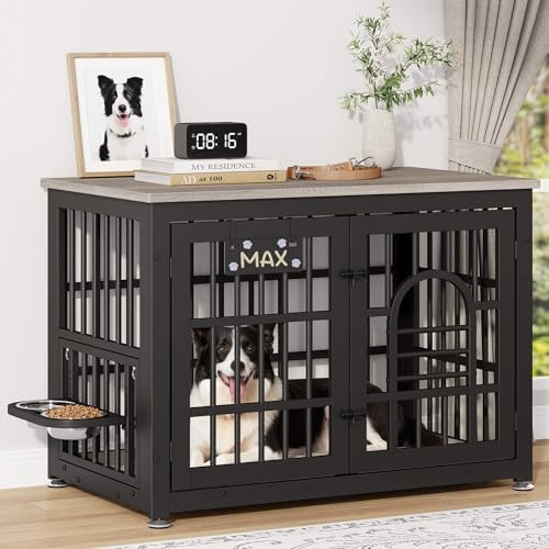 YaFiti 37.8" Dog Crate Furniture, Wooden Dog Kennel with Bowls, Grey | Adjustable Feeder, Name Tag, for Small/Medium Dogs, Chew-Resistant, Heavy Duty, Side End Table, Decorative Pet Cage