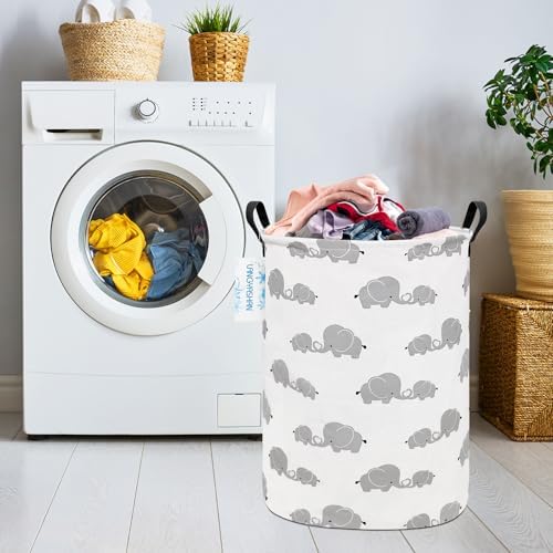 Round Laundry Basket Collapsible Storage Hamper Love Elephant | Waterproof Canvas Foldable Baskets with sturdy Handles Multi-scene Organizer for Home Play Bedroom Gift Bin