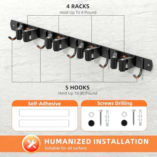 Broom Holder Wall Mount, Improved Non-slip Mop and Broom Holder Wall Mount, Heavy Duty Broom Hanger Organizer for Closet Laundry Garden Garage Storage (4 Racks 5 Hooks)