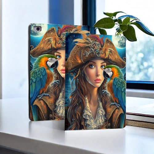 for Microsoft Surface Pro X/Pro X Plus-13 2019/2020/2021/2024 Tablet Case,Auto Wake/Sleep,Adjustable Stand Protective Cover - Pirate Girl with Parrot