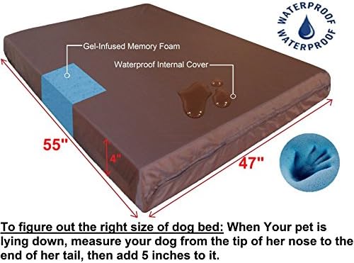 Dogbed4less Jumbo Waterproof Orthopedic Memory Foam Dog Bed for Large Dogs, Washable Durable Cover and Extra Pet Bed Case, 55"X47"X4", Khaki