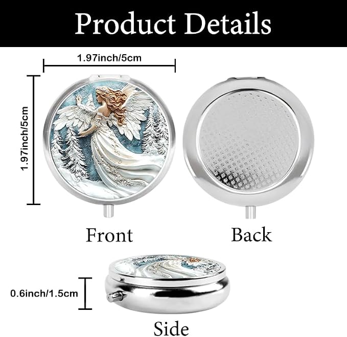 Portable Round 3 Compartment Metal Pill Box Beautiful Winter Angel with Pine Trees for Travel Medication Organization Hiking or Gift Giving