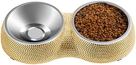eing Dog Bowls Double Dog Water and Food Bowls Stainless Steel Bowls with Non-Slip Resin Station and Bling Rhinestones, Pet Feeder Bowls for Puppy Medium Dogs Cats Puppy Pets,Gold