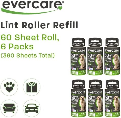Evercare Pet Lint Roller Refill, Manual Operation, 60 Sheets per Roll, 6 Count Refill Pack for Pet Hair Removal, Green