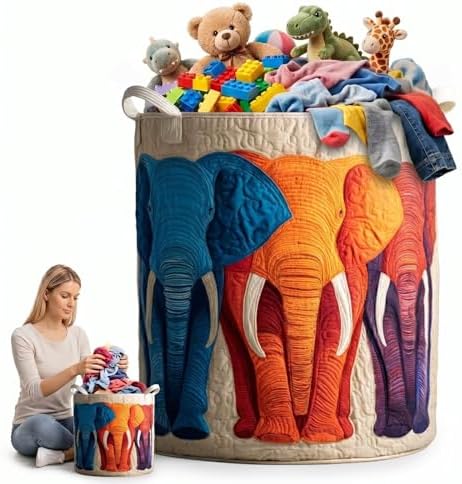 Quilted Laundry Basket with Handles, Fabric Hamper, Large Soft Round Storage Bucket for Bedroom, Neat Laundry Room Closet Organizer(14"x 18")