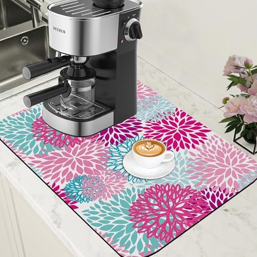 Pink Blue Chrysanthemum Flowers Dish Drying Mat for Kitchen Counter Coffee Bar Mat Hide Stain Absorbent Rubber Backed Drying Rack Pad Espresso Machine Coffee Bar Accessories 15.7 x 23.6 Inch
