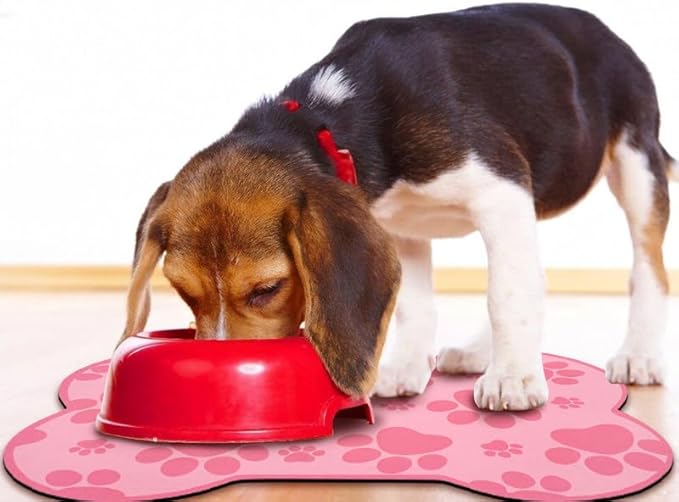 Dog Food Mats for Floors Waterproof, Pet Feeding Absorbent Water Bowl Mat Cat Placemats Pink Bone Shape 25.5 * 17 inch