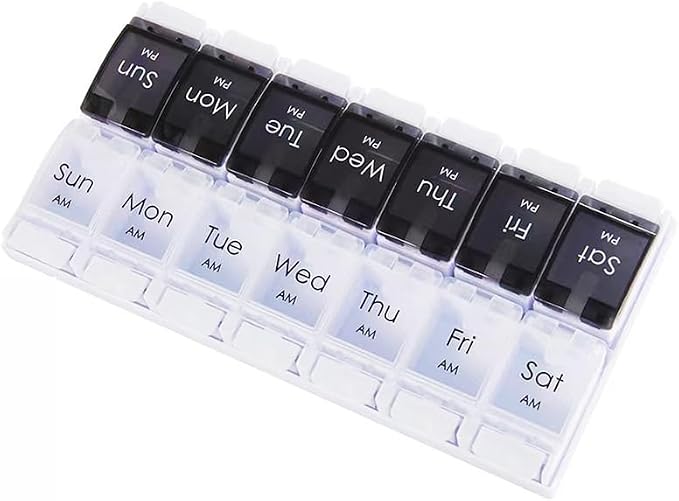 7-Day Portable Weekly Pill Case Daily Vitamin Medicine Box Planner | Travel Vitamin Organizer Dispenser, AM/PM, Large 14 Compartment Capsule Fish Oil Tablet Container, Black and Transparent Lids