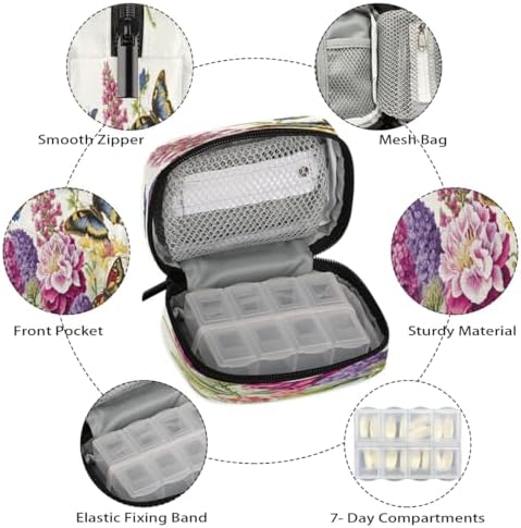 Pill Organizer Box Retro Flowers Butterfly 7-Day Weekly Medicine Pill Case Travel Pill Container Portable Pill Holder Storage Purse Bag Small Compact Size for Vitamin Supplement Birth Control