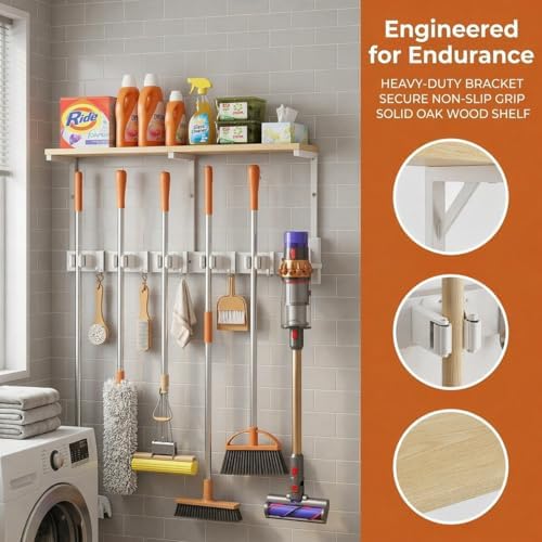 Upgraded Broom Holder Wall Mount with Shelf, Mop and Broom Organizer Wall Hanging, Cleaning Supplies Organizer with 5 Grippers, 4 Hooks and Vacuum Holder for Laundry Room, Garage, Kitchen