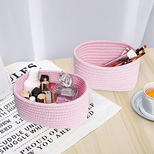 【2 Pack】ABenkle Small Woven Baskets, Tiny Oval Shallow Storage Baskets, Mini Cotton Rope Empty Decorative Basket, Boho Little Organizer Bins for Bathroom, Cat Dog Toy Gifts Baskets