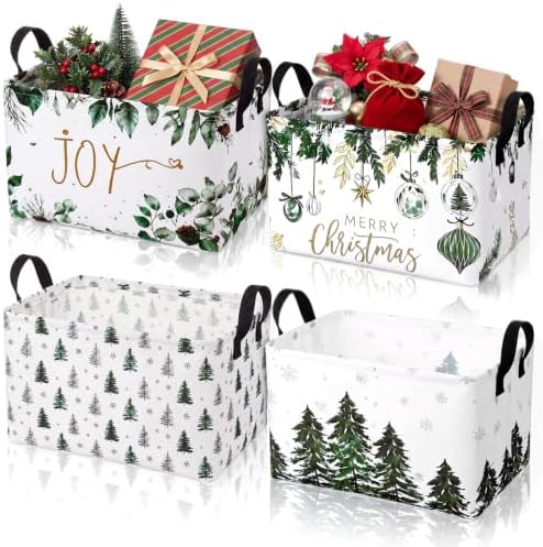 Chunful 4 Pack Christmas Tree Storage Baskets Watercolor Green Pine Snowflake Collapsible Storage Bins with Handles, Merry Christmas Foldable Organizer Laundry Baskets for Home Closet Bedroom Office
