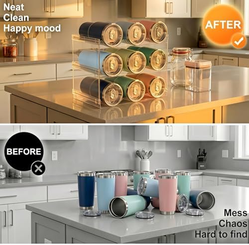 Stackable Water Bottle Organizer for Cabinet, Plastic Bottle Holder Designed for Starbucks Studded Tumblers up to 40oz, Plastic Cup Holder&Wine Rack for Pantry,Cupboard- 4 Layers Hold 12 Bottles
