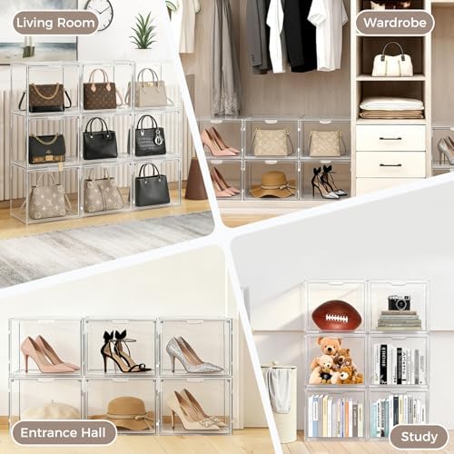 15 Pack Acrylic Purse Storage Organizer for Closet, Stackable | Clear handbag display case with Magnetic Doors, for Hats Books, and Collectibles