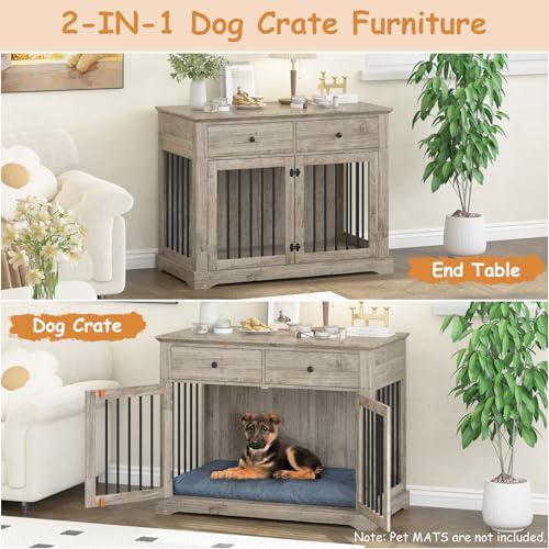 PRETZI Dog Crate Furniture, 44 Inch Wooden Dog Kennel Indoor with 2 Storage Drawers, Heavy Duty Large Crate Furniture, Decorative End Table Cage Furniture for Small/Medium/Large (Grey)